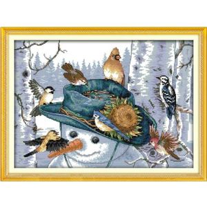 Winter sneeuw handgemaakte DIY naaien borduren kruissteek, bos sneeuwpop en birdie DMC borduren kruissteek schilderij