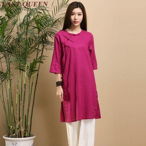 Retro stijl mandarijn kraag blouses qipao oosterse jurk Chinese stijl lange shirt casual vrouw linnen kleding AA2819 YQ