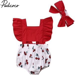 Baby Zomer Kleding Kids Pasgeboren Baby Meisjes Ruches Romper Hollow Out One-Pieces + Hoofdband Cherry Print Jumpsuit outfit