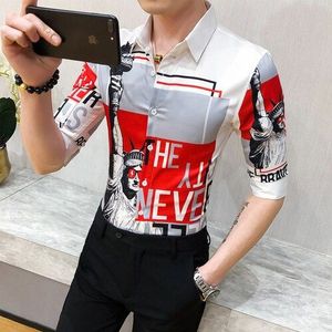 Lente Mannen Shirt Print Korte Mouwen Casual Slim Fit Shirts Mannen Jurk Streetwear Kleding Camisa Masculina