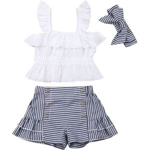 Peuter Kid Baby Meisje Kleding Set Zomer Mouwloze Strap Tops Gestreepte Shorts Hoofdband Kostuum Kleding 3 PCS Outfits