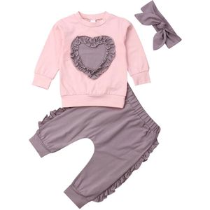 0-24 M Peuter Baby Girl Kid Kleding Sets Solid Ruches Lange Mouw Tops Broek Hoofdband Liefde Vorm Kleding