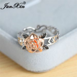 Prachtige Two Tone Bloemen Ringen Voor Vrouwen Wit Goud Kleur Rose Bloem Ring Engagement Wedding Bands Valentine Sieraden