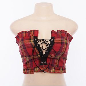 ArtSu Plaid Ruffle Lace Up Tank Top Sexy Bohemian Fitness Geel Crop Top Off Shoulder Backless Vintage Korte Tops ASVE20275