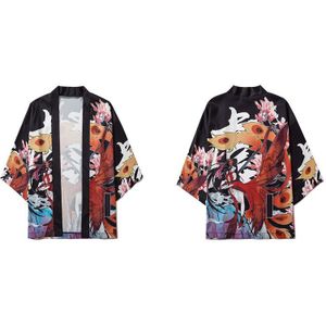 Gonthwid Japanse Kimono Vest Shirts Samurai Meisje Bloemenprint Streetwear Jakcets Tops Zomer Heren Hip Hop Casual Bovenkleding