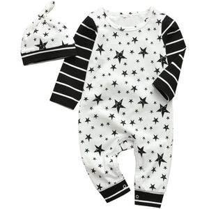 Leuke 2 Stuks Pasgeboren Baby Jongens Romper Lange Mouw Stars Print Jumpsuit + Hoed Baby Kleding Herfst Peuter Kleding Outfit set