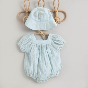 2022 Zomer Solid Hollow Sweet Baby Meisje Jumpsuit Leuke Katoen Prinses Bodysuit Met Kid Zon Bescherming Emmer Hoed