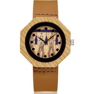 Creatieve Hout Horloge Mannen Vrouwen Quartz Imitatie Houten Horloge Blue Dial Hexagon Case Horloges Lederen Band Paar Pols Klok Reloj