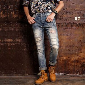 Amerikaanse Streetwear Mode Mannen Jeans Retro Gewassen Slim Fit Vernietigd Ripped Jeans Patches Denim Broek Hip Hop Jeans