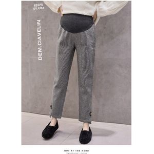 Herfst Zwangere Vrouwen Losse Wijdbeens Broek Straight Haroun Buik Broek Knop Been Moederschap Plaid Wollen Broek