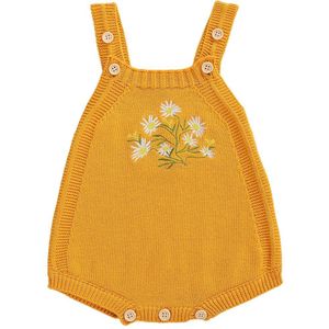 0-18M Baby Baby Jongens Meisjes Brei Rompertjes Mouwloze Bloemen Print Button Herfst Winter Geel Jumpsuits