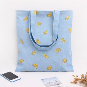 YILE Handgemaakte Katoenen Linnen Eco Herbruikbare Shopping Schoudertas Tote Blauw Banaan L056