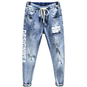 Elastische Denim Jeans Letters Gedrukt Kleine Voeten Jeans Hip Hop Trekkoord Joggers Plus Size 38 Mannen Harembroek broek