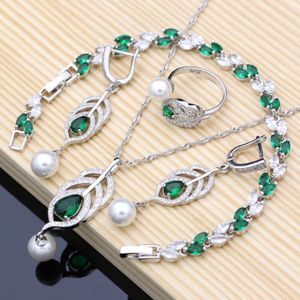 Zilver 925 Bridal Parels Sieraden Sets Natuurlijke Groene Zirkoon Vrouwen Bruiloft Oorbellen Verstelbare Ring Armbanden Ketting Set