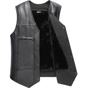 Zwarte Mannen PU Leer Fleece Vest Grote Maat Herfst Winter Middelbare Leeftijd Mode mannen Geladen Fleece Vest Jas