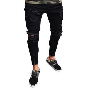 Oeak Herenmode Skinny Vernietigd Denim Patch Potlood Broek Ripped Gat Slim Fit Rits Zwarte Elastische Jeans