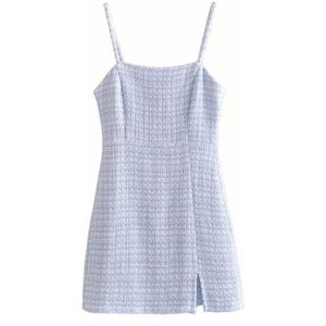 Aonibeier Zonnejurk Side Split Hoge Taille Vrouwen Potlood Jurk Lente Zomer Mouwloze Spaghetti Casual Plaid Mini Jurk