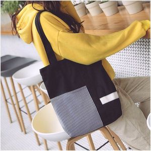 Canvas Tote Gestreepte Shopper Bag Eco Herbruikbare Shopping Schoudertassen Voor Vrouw Katoenen Doek Stof Dames Handtas Rits