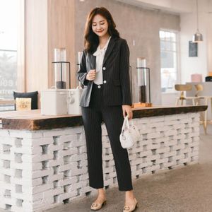 Mode Herfst 2 stuks Set Zwart Gestreepte Broek Past voor Vrouwen Enkele Breasted Blazer Jacket & Pant Werk Business Vrouwelijke suits