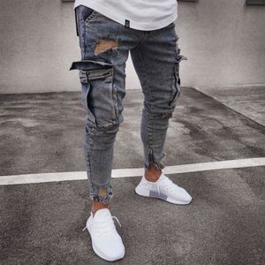 Kleur Grijs Blauw Mode mannen Ripped Skinny Biker Jeans Gerafeld Slim Fit Lange Denim Broek Gat Biker Jeans