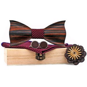 3D Zwarte Strip Houten Bow Tie Zakdoek Manchetknopen Broche Sets Voor Mens Wedding Hout Bowtie Accessoires Doos Banden