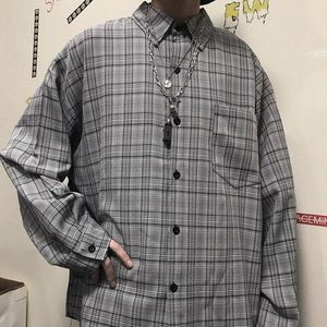 Koreaanse Tartan Katoen Mannen Overhemd Losse Grijs Casual Lange Mouw Knop Kraag Shirts Koszule Meskie Retro Mannen Kleding MM60NCS