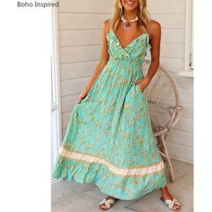 Boho Geïnspireerd Groen Bloemen Mouwloze Lange Boho Jurk V-hals Ruche Vrouwen Jurk Elastische Zomerjurk Casual Chic Strand Jurk