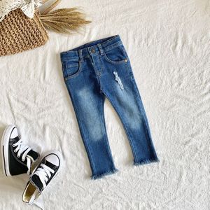 Baby Meisje Jeans voor Kinderen Herfst Zachte Ripped Denim Broek Leuke Kwastje Slim Fit Blue Leggings voor 1- 4 jaar Peuter Kids