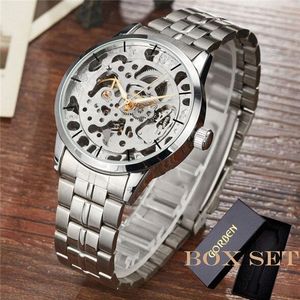 Shenhua Luxe Full Staal Golden Automatische Mechanische Horloge Mannen Zilver Skeleton Analoge Horloge Mannelijke Relogio Mascualino