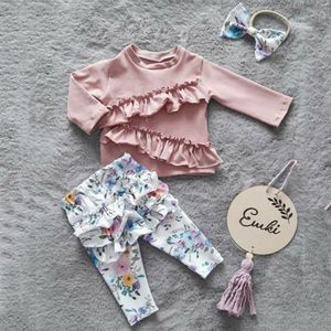 Herfst 3 STUKS Peuter Baby Meisje Ruche Tops T-shirt Bloemen Broek Outfits Kleding