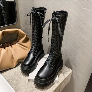 Chunky Platform Pu Lederen Laarzen Vrouwen Laarzen Punk Hoogte Toenemende Lange Laarzen Lace Up Booties Mujer