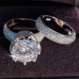 Luxe 11Mm Grote Zirkoon Originele 925 Sterling Silver Wedding Ring Set Voor Vrouwen Bruid Engagement Sieraden Band Eternity r4843