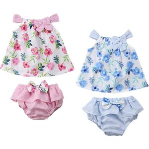 Pasgeboren Meisje Peuter Sunsuit Kleding Bloemen Kinderen Meisje Zomer Strik Vest Romper Shorts Jurk Broek 2 Stks Kleding Set 0-3Y