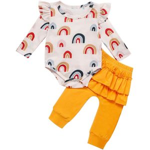 2 Stuks Pasgeboren Baby Meisjes Ruches Kleding Regenboog Romper Bodysuit Lange Broek Broek Kids Baby Boy Kleding Outfit Set