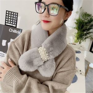 Vrouwen Winter Warm Thicken Sjaals Solid Faux Konijnenbont Pluche Cross Kraag Sjaal Met Parel Elegante Warm
