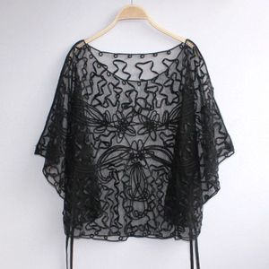 Zomer Toevallige Losse Vrouwen Batwing Mouw Lint Koord Borduren Kant Poncho Vintage Sheer Femme Mantel Jas Jas