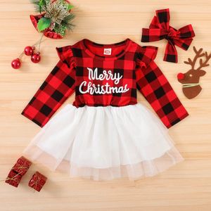 Peuter Baby Jurk Meisjes Vrolijk Kerstfeest Brief Plaid Print Tule Jurk + Hoofdband Outfits Mode Meisjes Herfst Winter Kleding