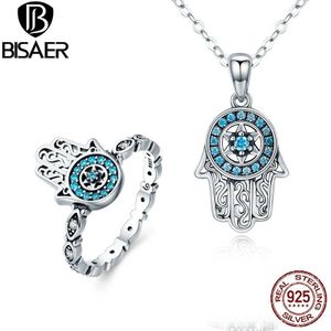 Bisaer 925 Sterling Zilveren Sieraden Sets Guardian Hamsa Hand Van Fatima Hand Ring Vrouwen Sterling Zilver 925 Sieraden Bijoux