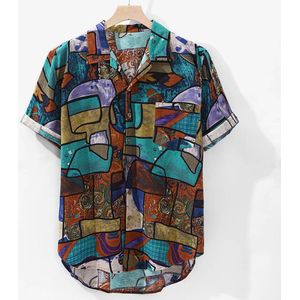 Zomer heren Blouse Linnen Beach Hawaiian Print Pocket Korte Mouw Ronde Zoom Losse Mannen Dress Shirts Tops Camisas hombre