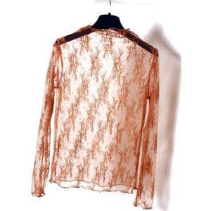 Womens Womens Zomer Lente See Through Mesh Basic Lange Mouw Blouse Mock Hals Effen Kleur Geborduurde Bloemen Kant Losse Tops 6