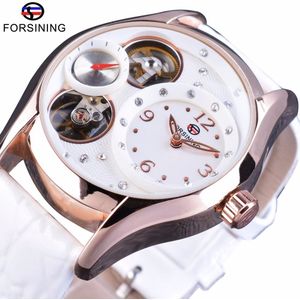 Forsining Wit Lederen Dames Tourbillion Luxe Kleine Tweede Dial Vrouwen Mode Jurk Strass Horloge