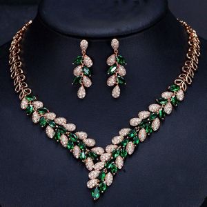 Beaqueen Luxe Dubai Gouden Kleur Groen Kubieke Zirkoon Verharde Cz Bruiloft Ketting Oorbellen Sieraden Sets JS128