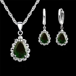 925 Sterling Zilveren Oorbellen Ketting Sets Roze/Blauw/Grijs/Rood/Groen/Paars Druppels Water De crystal Voor Vrouwen Bruiloft