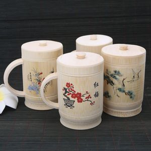 1 st Traditionele Chinese Schilderkunst Theekopje Handgemaakte Natuurlijke Bamboe Cup Met Deksel Voor Thee Water Kleur Willekeurige