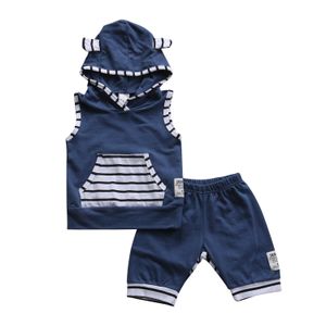 Pasgeboren Baby Baby Jongens Meisjes Hooded T-shirt Tops + Gestreepte Broek Outfit Kleding Set Kinderkleding 3Pcs Zomer Mouwloze set