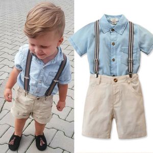 0-5Y Peuter Baby Kid Jongen Gentleman Kleding Sets Korte Mouw Blauw Shirt Tops Overalls Shorts Broek Outfits