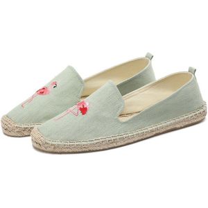 Klassieke summertime espadrilles, emboridery Flamingo platte slip op vrouwen espadrilles in licht groene kleur