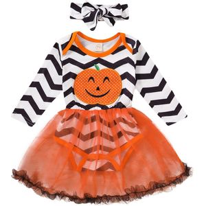 Baby Baby Meisjes Halloween Jumpsuit Rok Mode Casual Halloween Pompoen Gestreepte Print Lange Mouw Romper + Hoofdband 2 Stuk