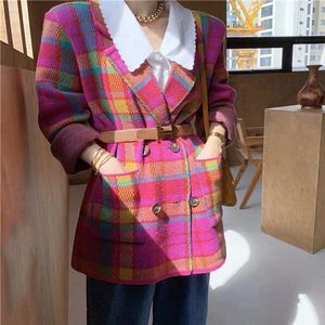 Rugod Helder Roze Groene Plaid Gebreide Pak Koreaanse Notched Kraag Double Breasted Jas Herfst Winter Vrouwen Pakken