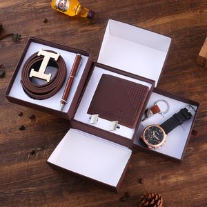 Xsvo 6 Stks/set Boutique Set Riem + Portemonnee + Manchetknopen + Sleutelhanger + Grote Wijzerplaat Quartz Horloge + pen Heren Horloge Horloges Voor Mannen